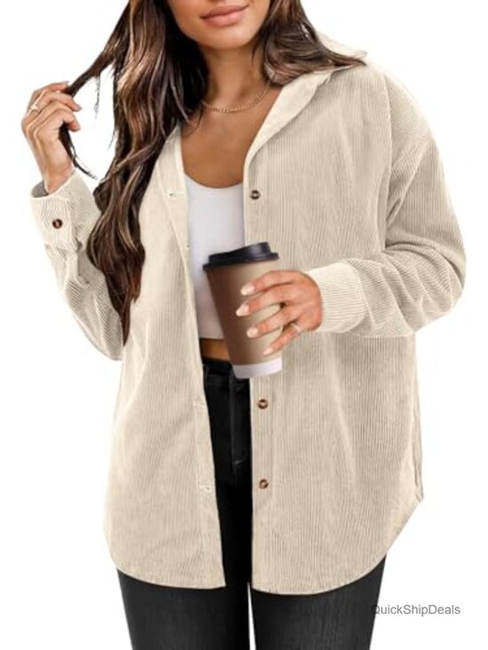 Tops - Ribbed Corduroy Button Down Shirt Long Sleeve Shacket